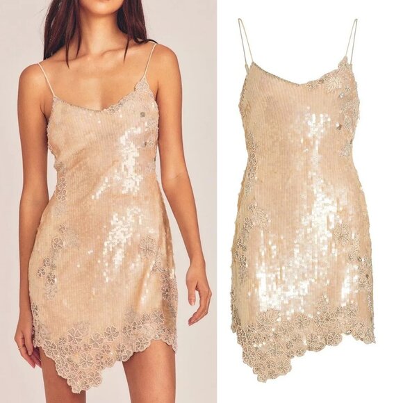 Loveshackfancy Meline Sequin Mini Dress in Peach Medley 12 NWT